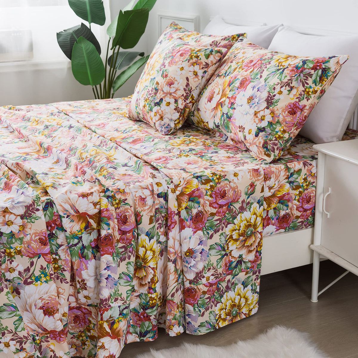 FADFAY King Floral Sheet Set - 100% Cotton, Vintage Peony, Salmon Pink, 600TC, Deep Pocket, 4Pcs