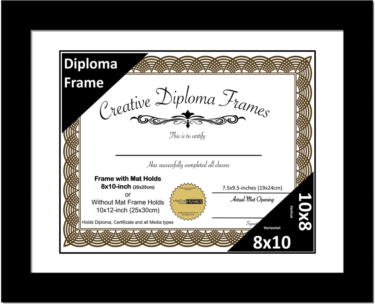 Creative Picture Frames 8x10 Classic Black Diploma Frame with White Mat Glass Easel and Installed Wall Hangers | Frame Holds 10x