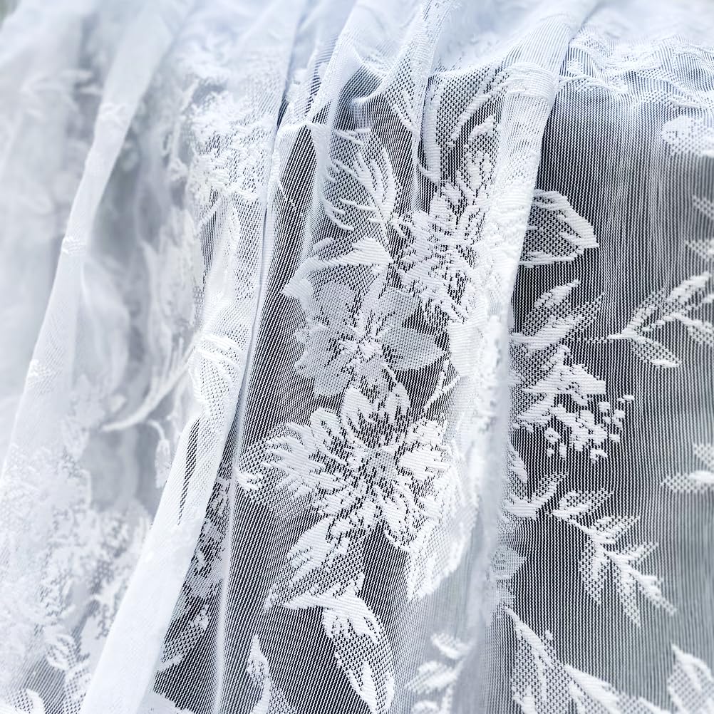 Treatmentex Floral White Lace Curtains 63 Inch Length, French Rose Embroidered Sheer Curtains For Living Room Bedroom, Light Fil