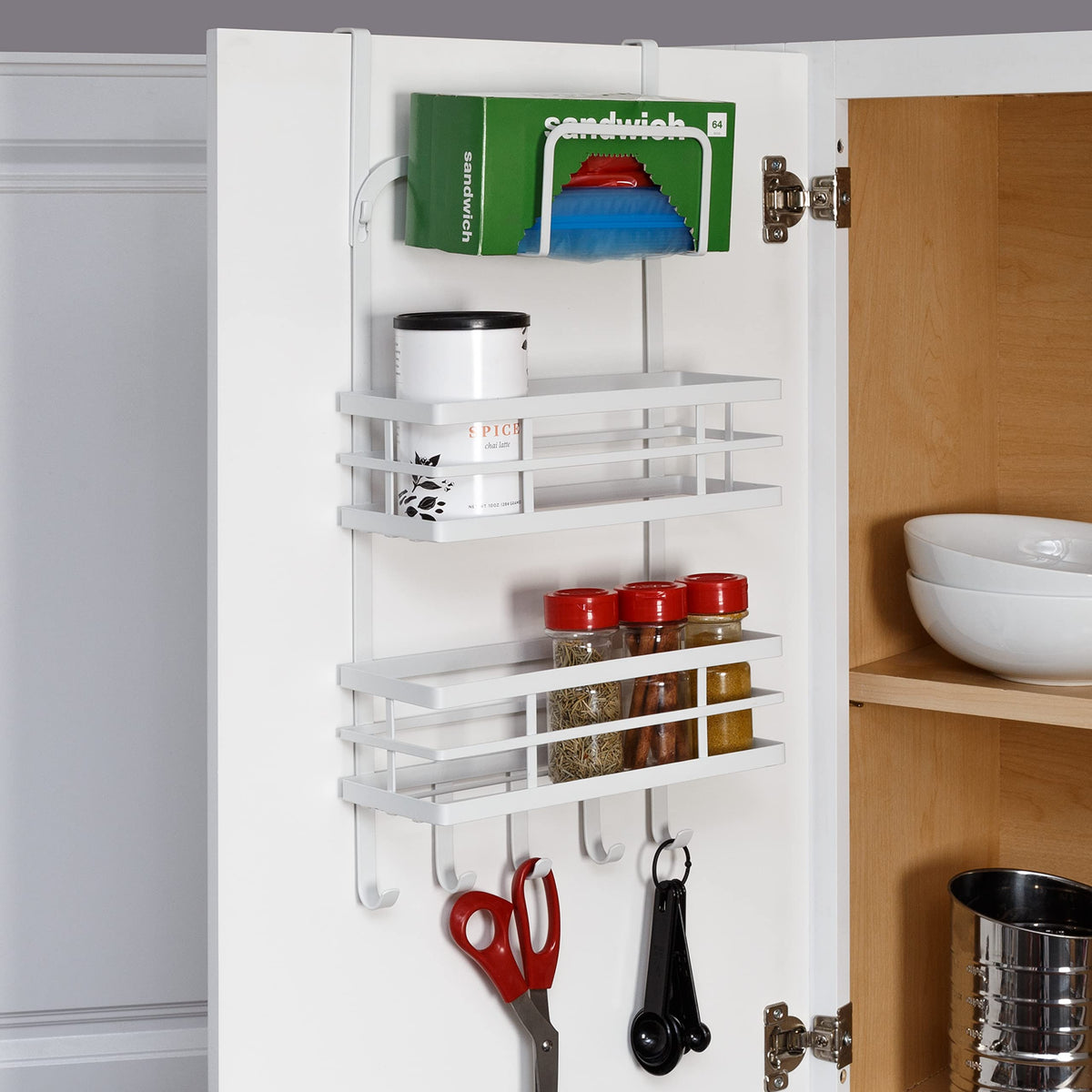 HoneyCanDo Cabinet Door Organizer with 2 baskets and 5 Hooks, Wall Mounted of Hang Over Cabinet Door for Kitchen or Bathroom O