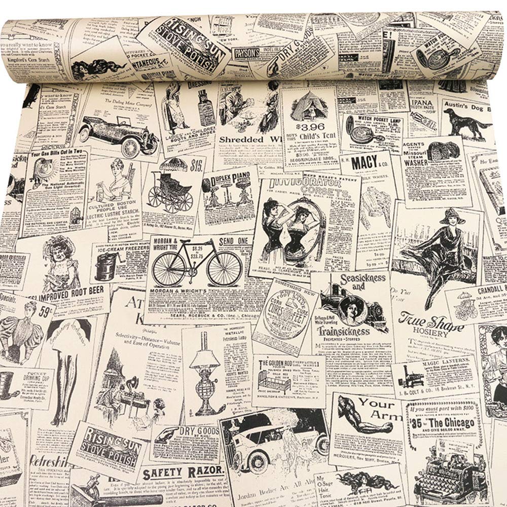 PoetryHome Self-Adhesive Vintage Newspapaer Wall Paper Drawer Shelf Liner for Kitchen Bathroom Cabinets Dresser Wall Crafts 17.7