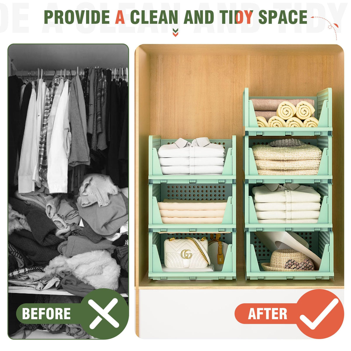 Neprock Closet Organizer, 4 Pack Stackable Storage Bins For Closet Shelves, Plastic Storage Drawers Basket Weekly Clothes Organizer For Kids(4L)(Green)