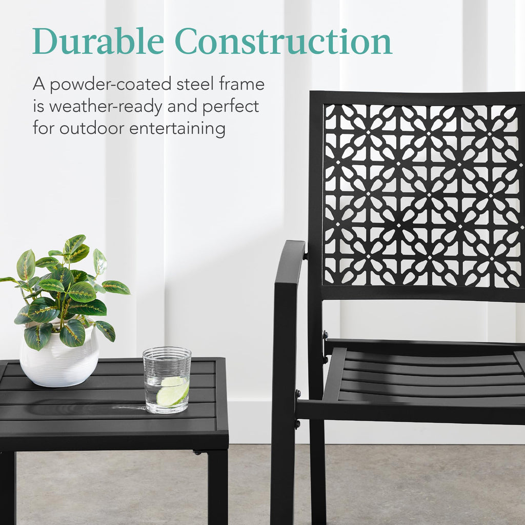 Best Choice Products 3-Piece Outdoor Bistro Set, Stackable Modern Steel Furniture For Porch, Garden W/ 2 Chairs, Table, Geometric Decor - Black