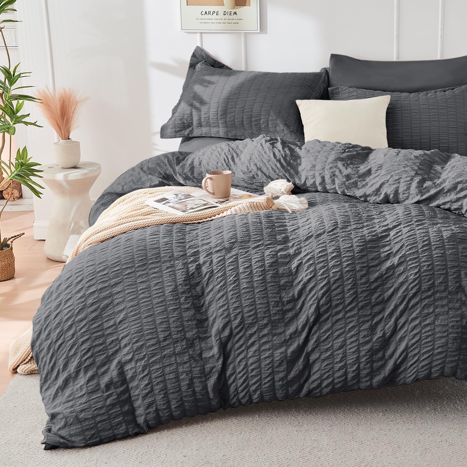Hymokege Light Grey Duvet Cover King Size, Ultra Soft 3-Piece Seersucker Duvet Cover Set With Zipper Closure, Soft Brushed Micro