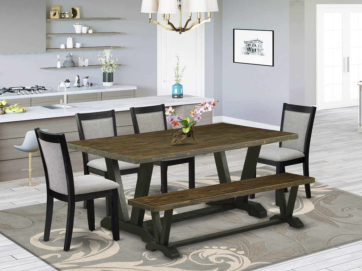 East West Furniture V-Style 6 Piece Dinette Set Contains a Rectangle Dining Room Table with V-Legs and 4 Shitake Linen Fabric Parson Chairs with a Bench, 40x72 Inch, Multi-Color