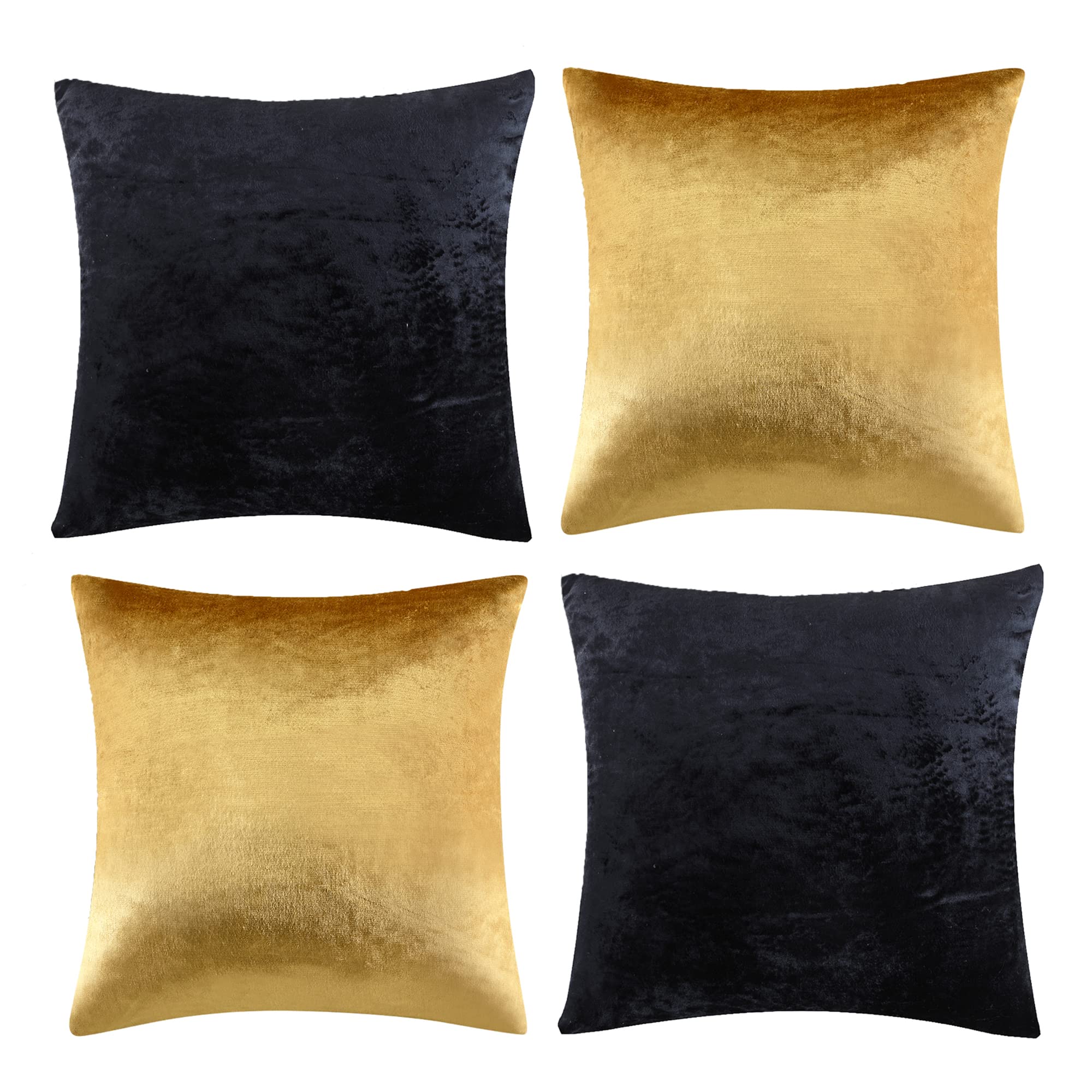 GIGIZAZA Decorative Throw Pillow Covers 18 x 18,Gold Black Soft, Set of 4 Square Velvet Cushion Covers