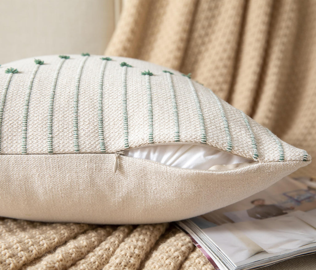 Caflife Boho Throw Pillow Covers 24X24 Set Of 2 Decorative Pillows For Bed, Neutral Pillow Covers Beige With Green Line Throw Pi