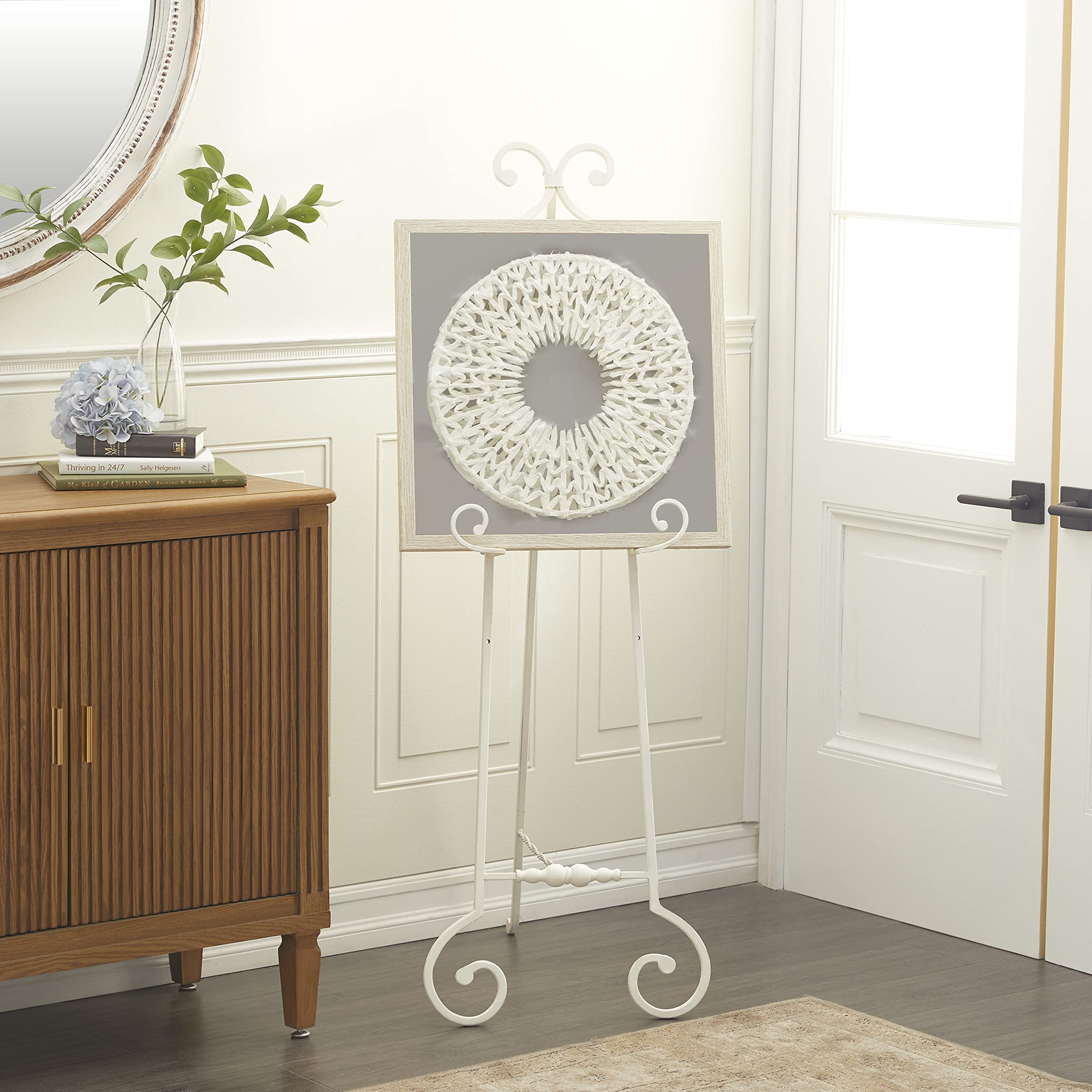 Deco 79 Metal Scroll Easel Large Free Standing Adjustable Display Stand Floor 3 Tier with Chain Support, 17 x 22 x 52, White