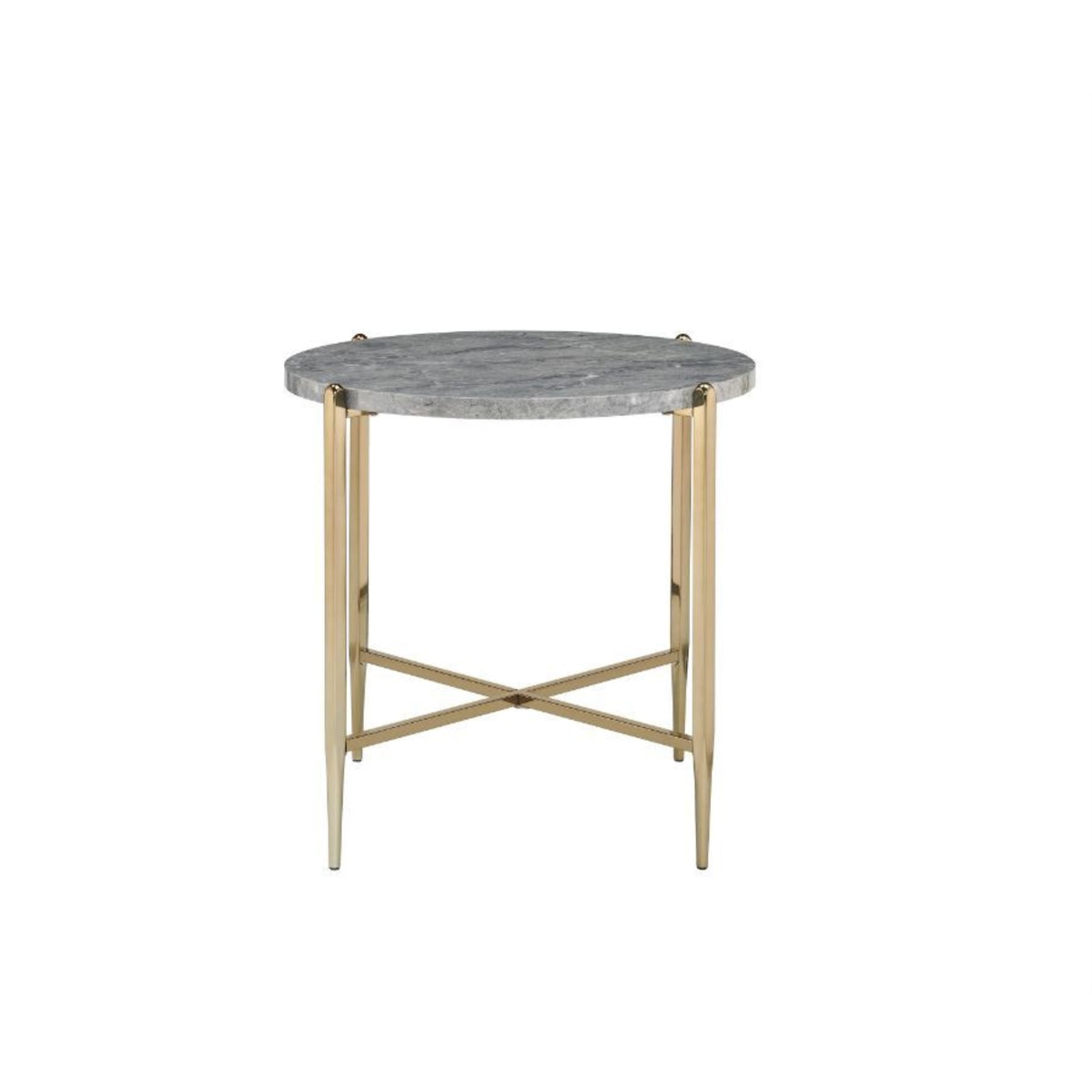 Acme Tainte Round Faux Marble Top End Table In Gray And Champagne