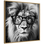 Sylvie Black and White Lion in Reading Glasses Framed Canvas by The Creative Bunch Studio