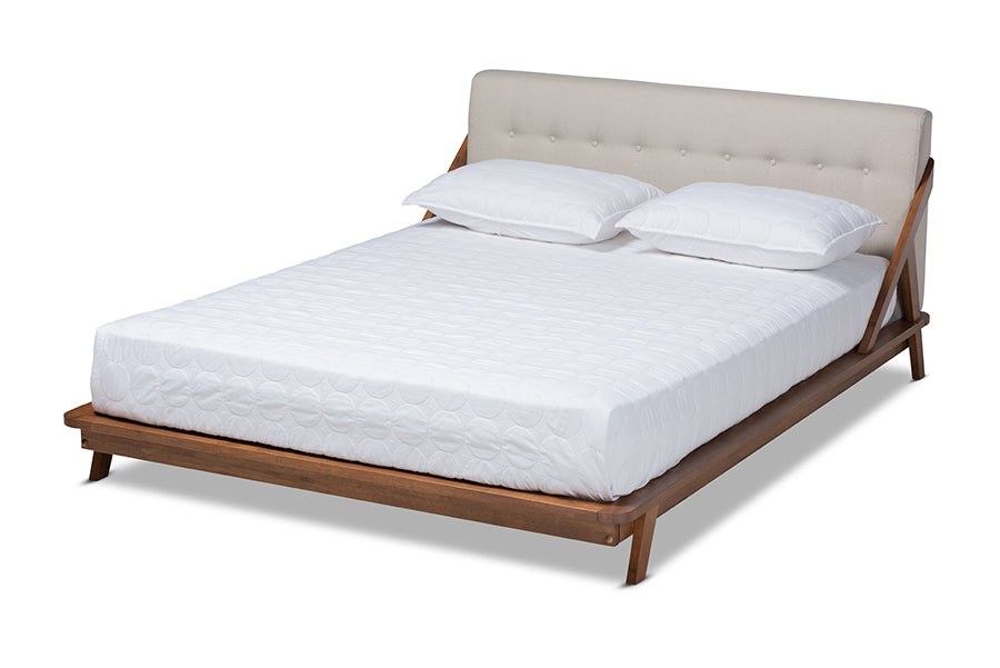 Baxton Studio Sante Midcentury Modern Light Beige Fabric Upholstered Wood Queen Size Platform Bed