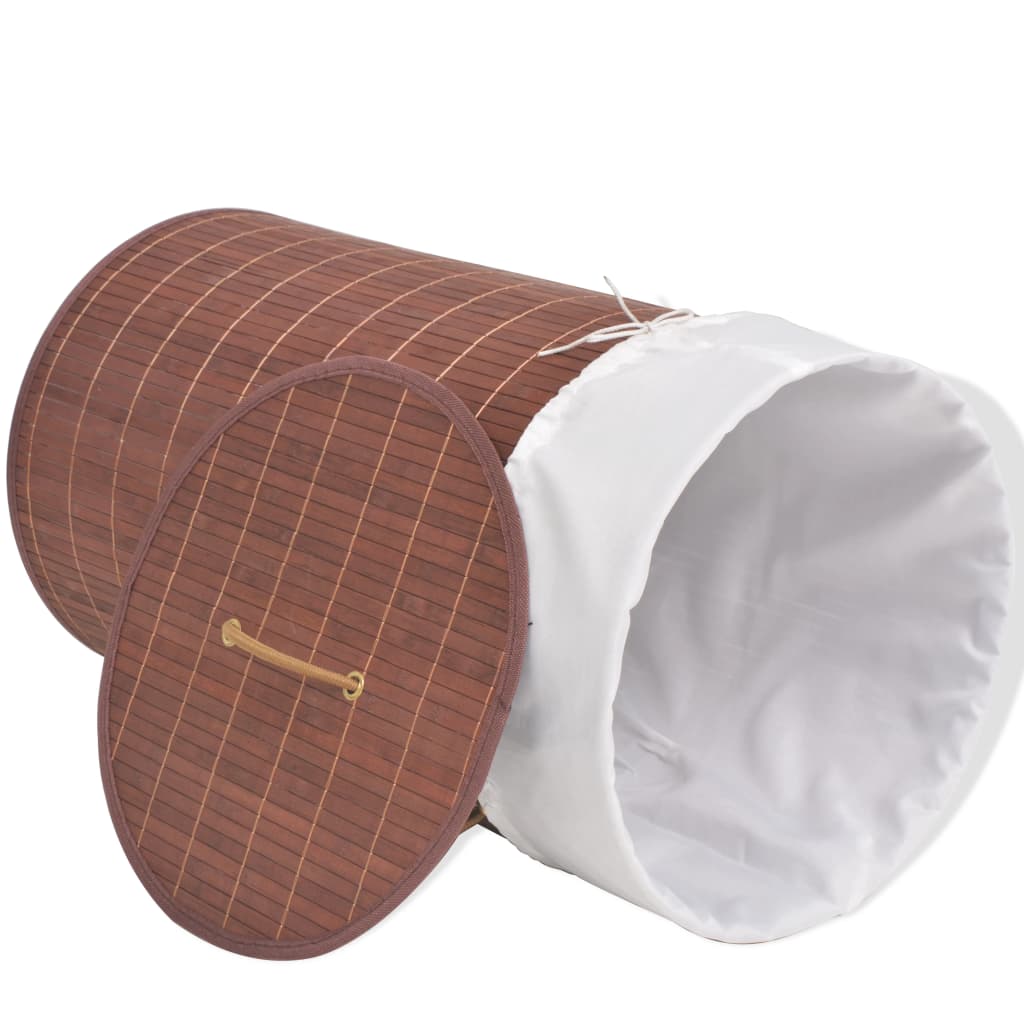 Vidaxl Durable Round Bamboo Laundry Bin With Removable Polyester Fabric Liner, Foldable Storage Basket For Laundry Or Toys, Compact Collapsible Design, Brown
