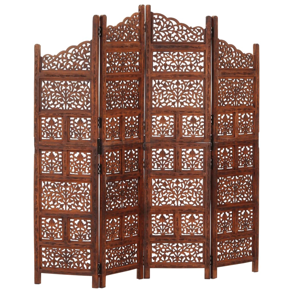 vidaXL Hand carved 4-Panel Room Divider Brown 63x65 Solid Mango Wood