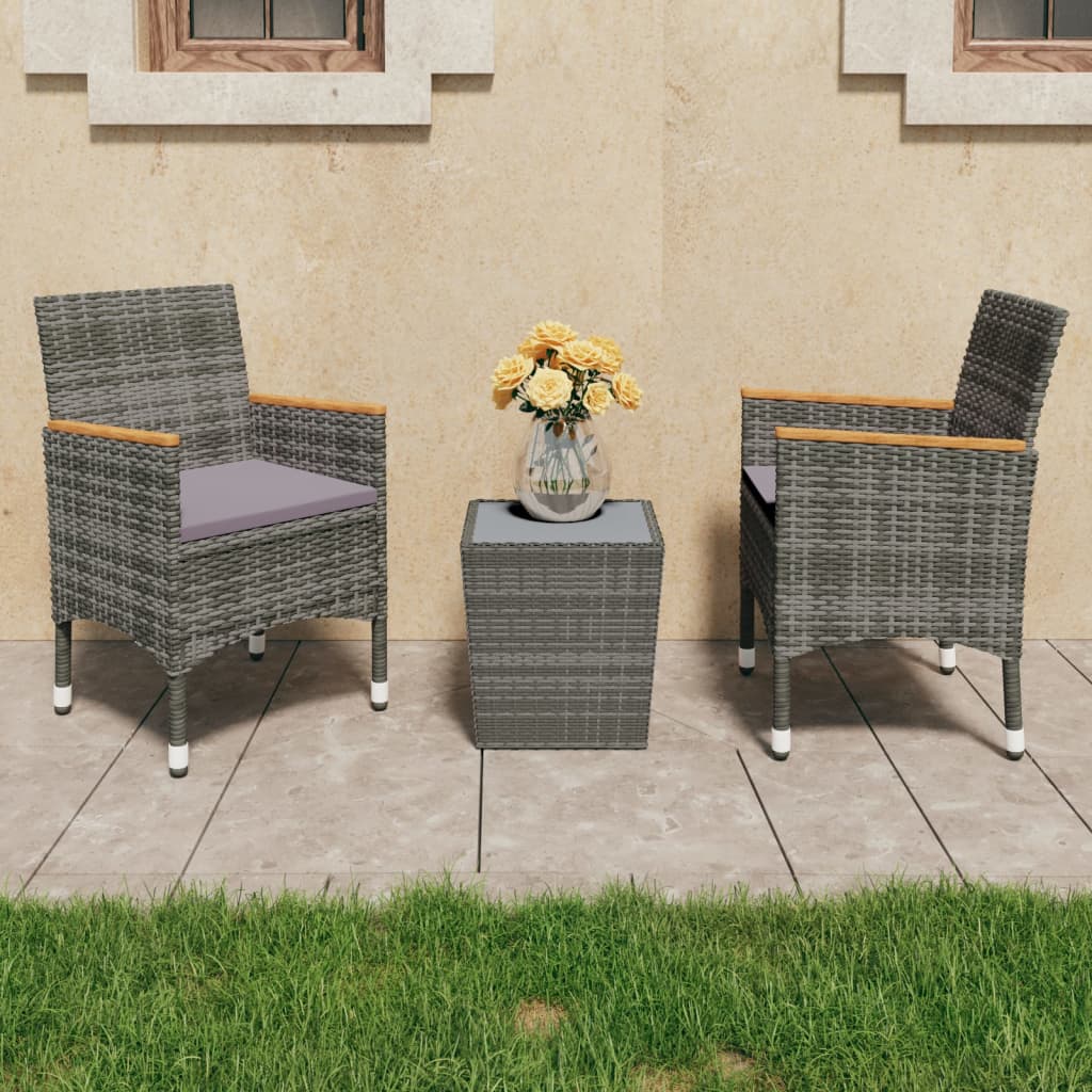 vidaXL 3 Piece Bistro Set Poly Rattan and Tempered Glass Gray