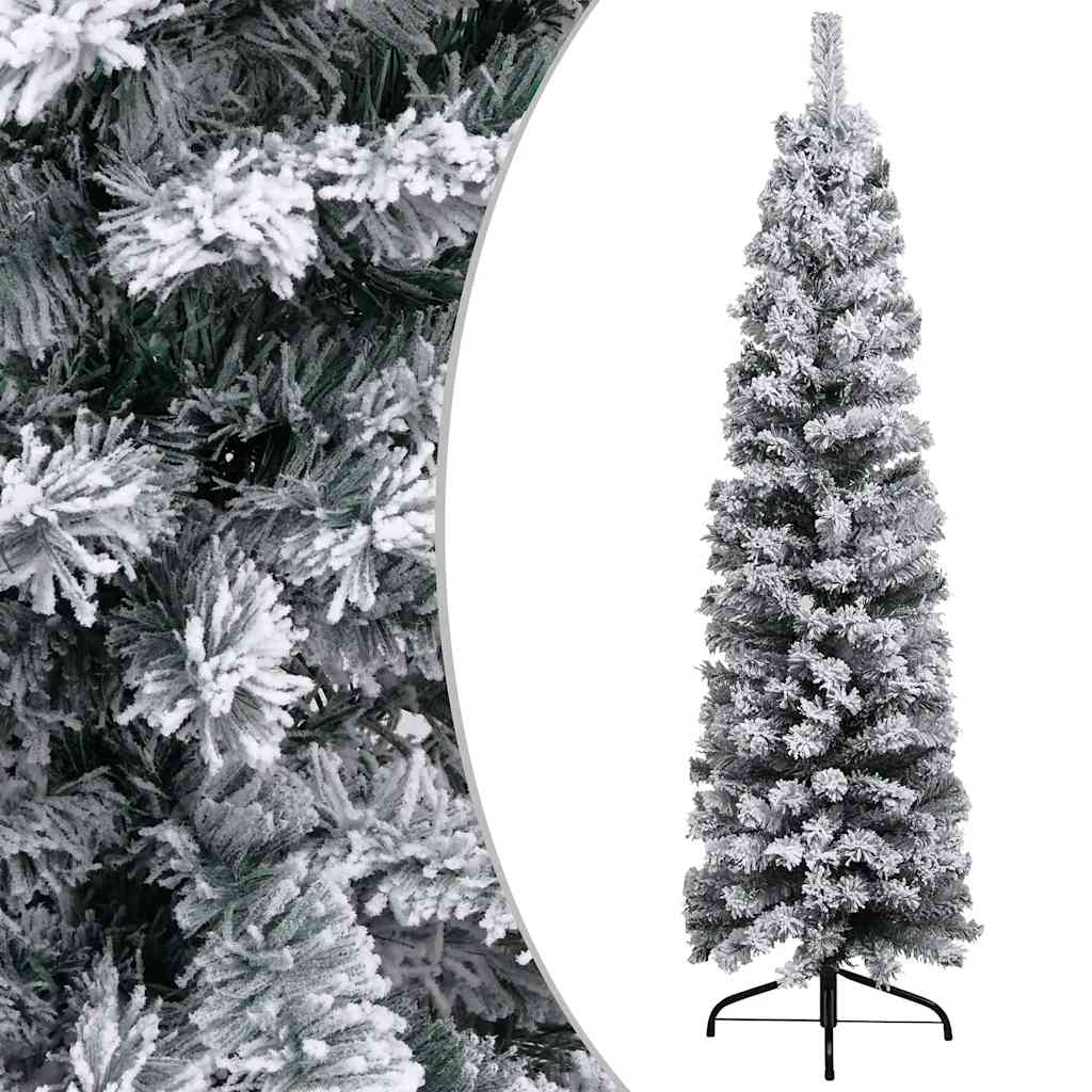 Vidaxl Slim Pvc Artificial Christmas Tree With Led Lights & Ball Set - Eco-Friendly, Reusable, Flocked White Snow, Energy-Efficient Lights, Green & Gold