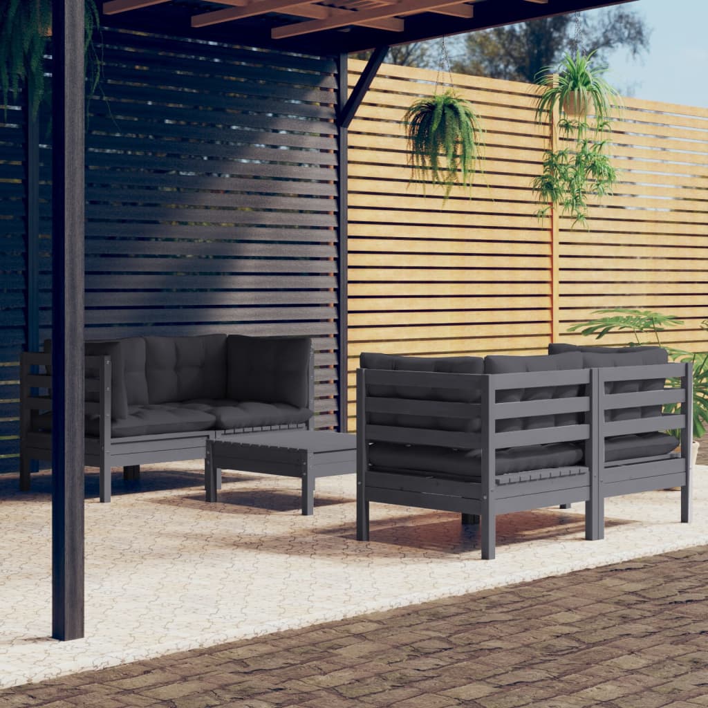 vidaXL 5 Piece Patio Lounge Set with Anthracite Cushions Pinewood