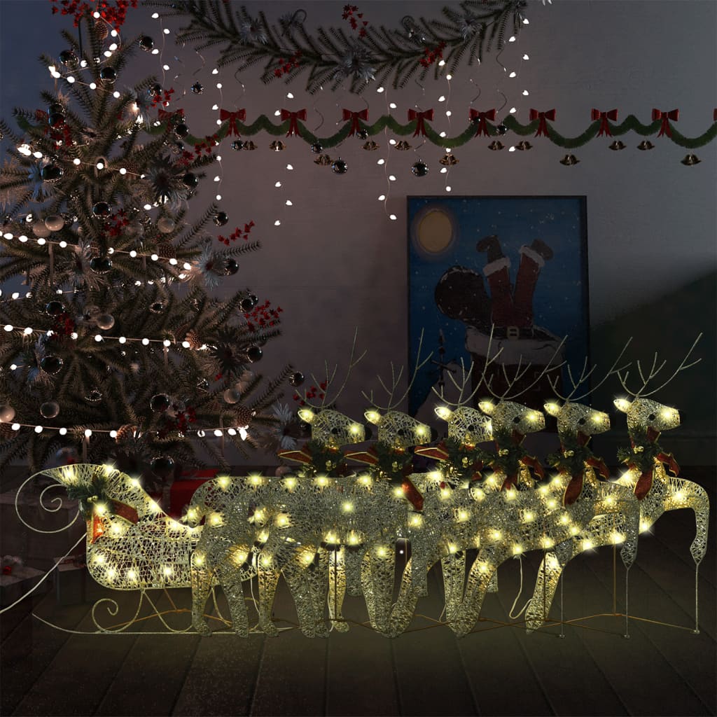 Vidaxl Gold Outdoor Reindeer & Sleigh Christmas Decoration With Energy-Efficient Led Lights - 140 Long-Lasting Warm White Led Lights - Weather-Resistant Mesh Material - Multiple Lighting Effects