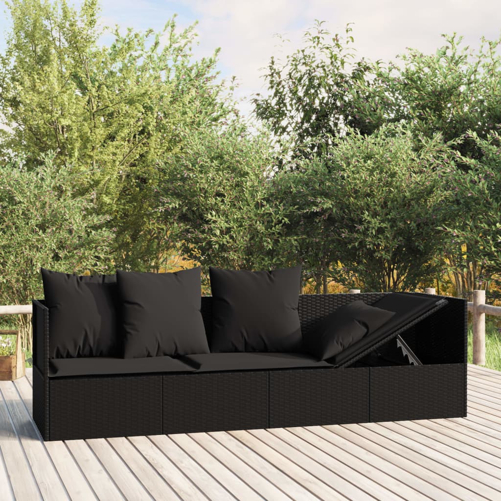 vidaXL Patio Lounge Bed with Cushions Black Poly Rattan