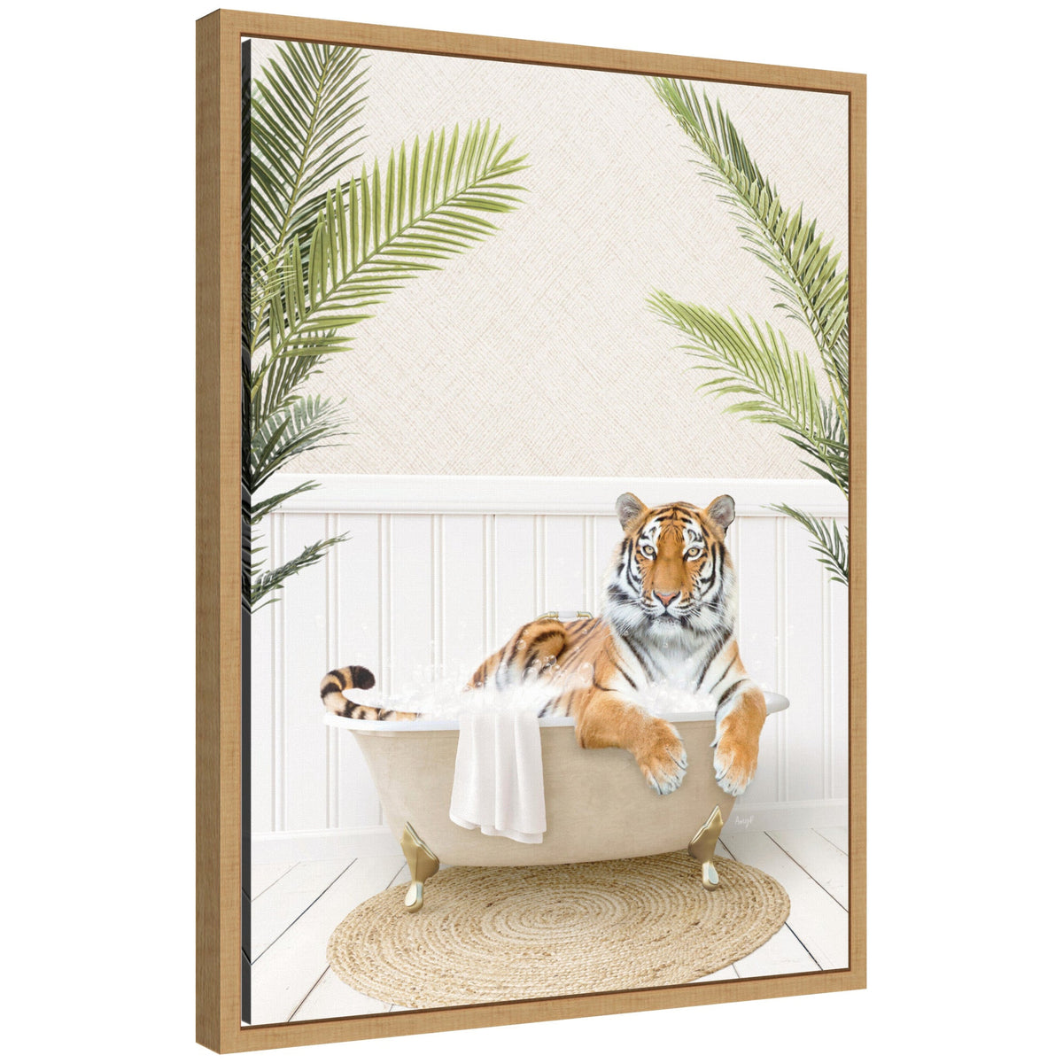 Sylvie Tiger in Palm Bath Framed Canvas by Amy Peterson