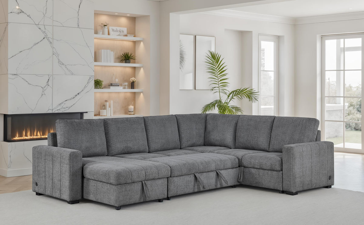 Seraphina II 128 Gray Boucle Reversible Modular Sleeper Sectional Sofa with Storage Chaise and USB Charging Port