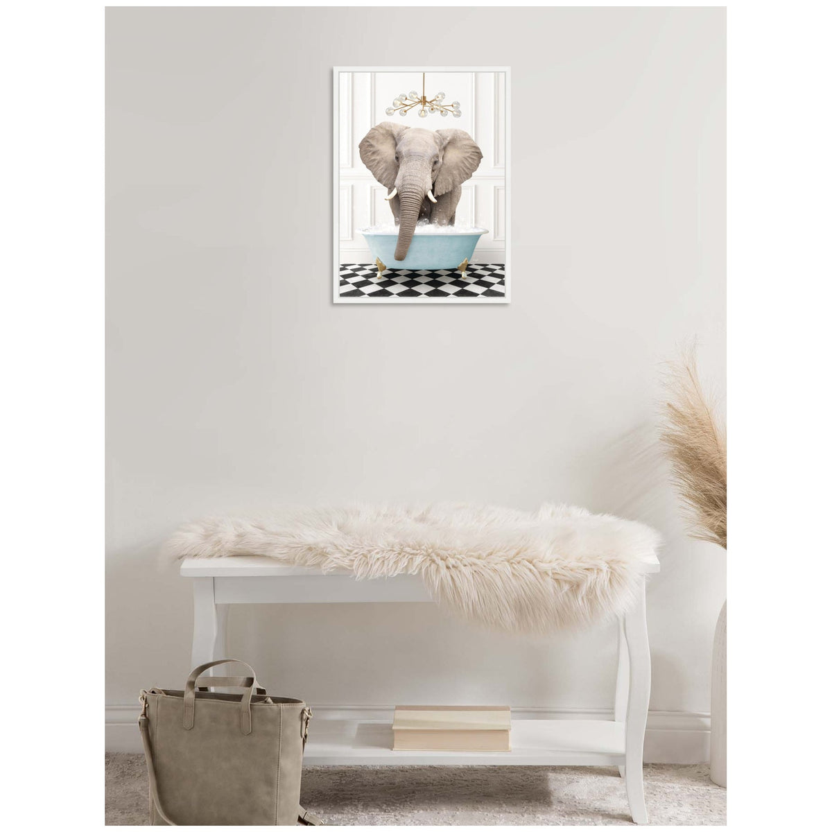 Sylvie Elephant Front in Blue Bathtub on Checker Floor Framed Canvas by Amy Peterson