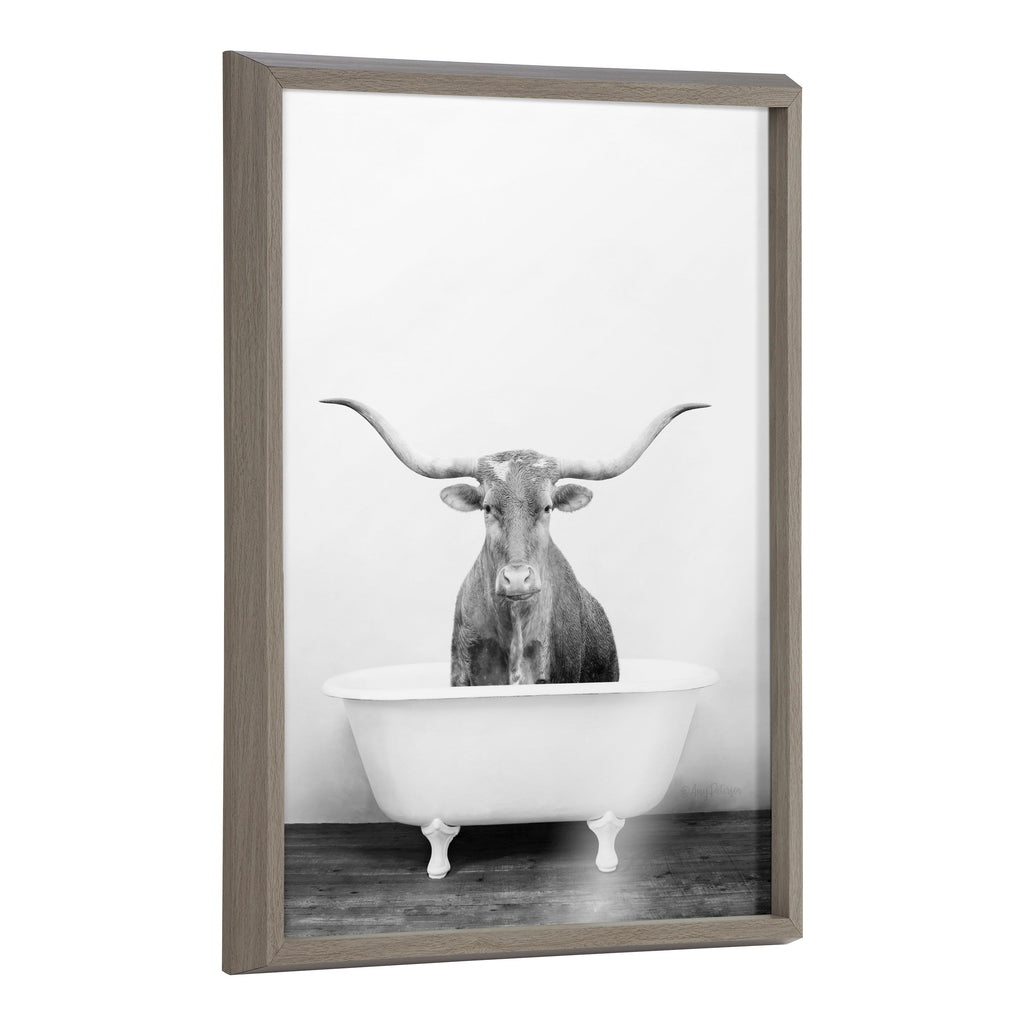 Blake Longhorn BW Bathroom Framed Printed Glass by Amy Peterson Art Studio
