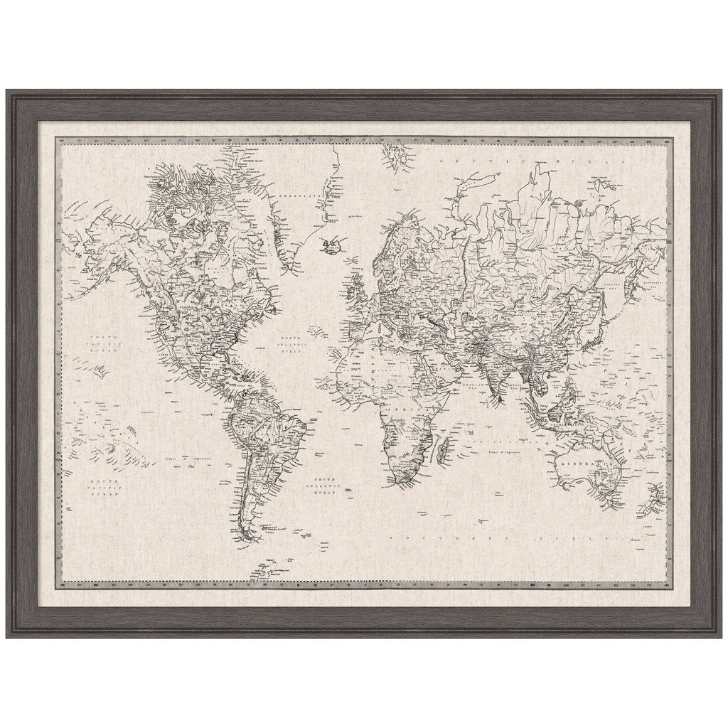 Framed Fabric Pinboard Vintage Black and White Linen World Map Wall Organization