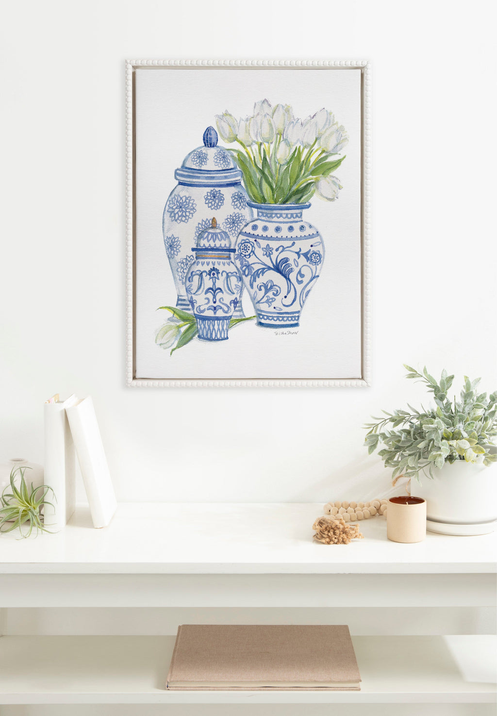 Sylvie Beaded Chinoiserie Jars with White Tulips Framed Canvas by Patricia Shaw
