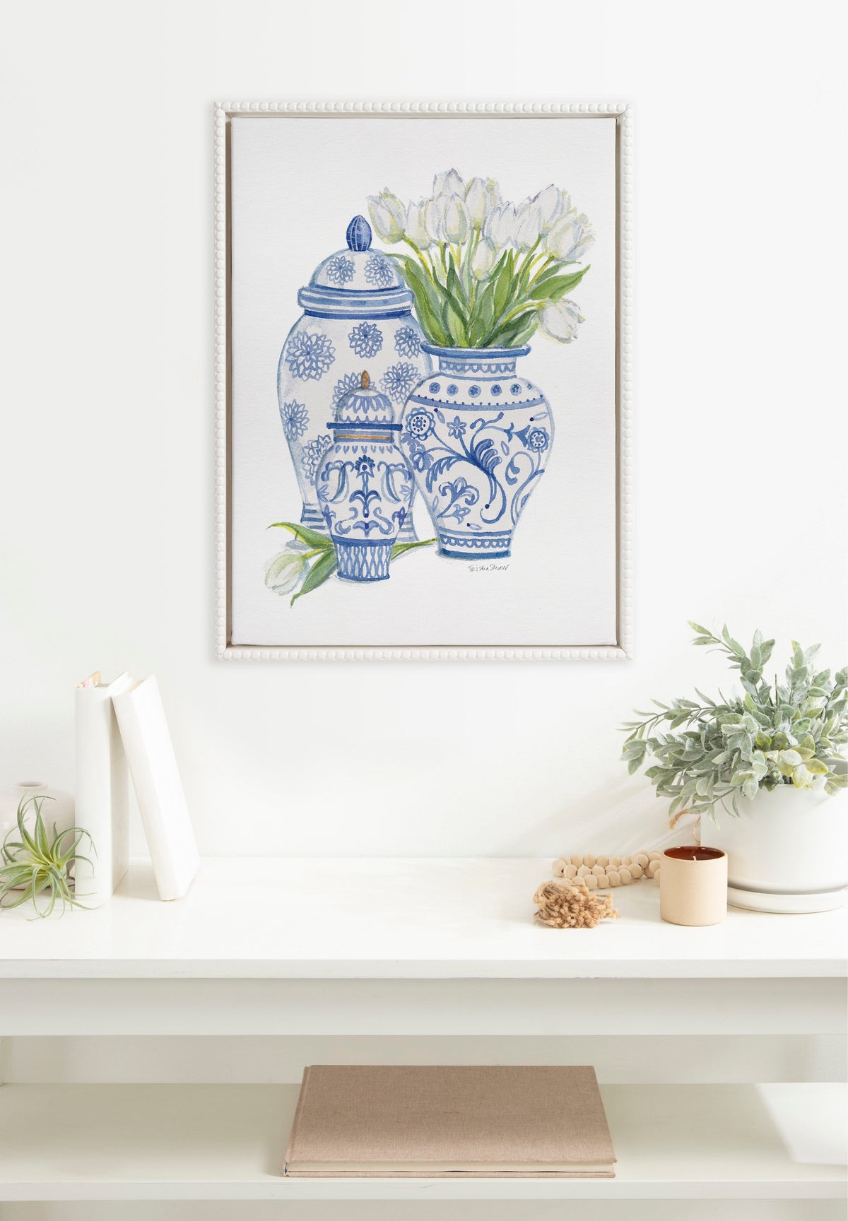 Sylvie Beaded Chinoiserie Jars with White Tulips Framed Canvas by Patricia Shaw