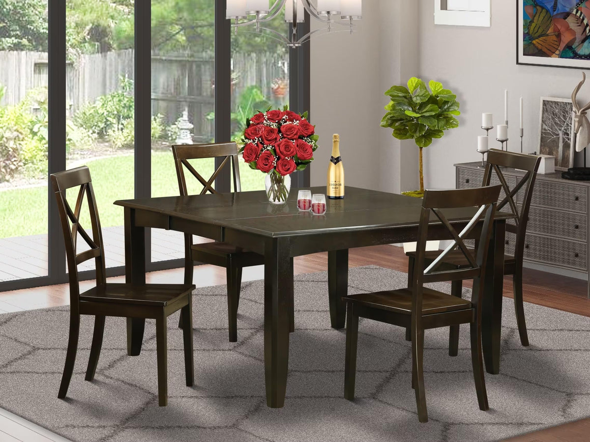 East West Furniture PFBO5-CAP-W 5 Piece Dining Room Furniture Set Includes a Square Kitchen Table with Butterfly Leaf and 4 Dining Chairs, 54x54 Inch, Cappuccino