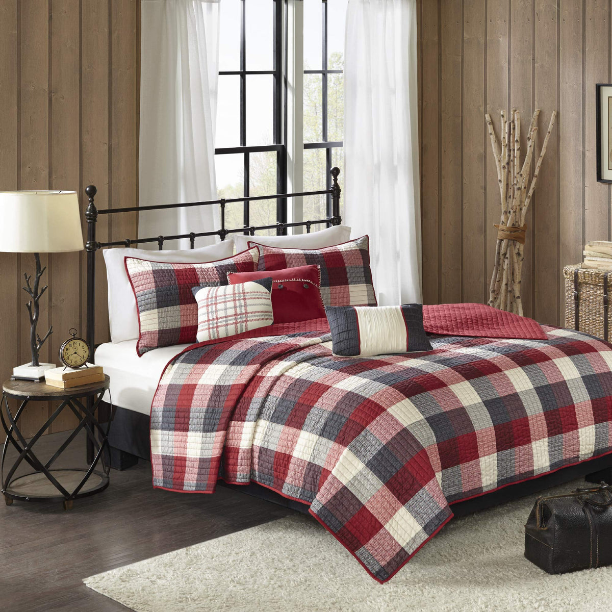 Madison Park Reversible Quilt Cabin Lifestyle Plaid Design - All Season, Breathable Coverlet Bedspread Bedding Set, Matching Shams, Full/Queen(90'X90'), Red 6 Piece