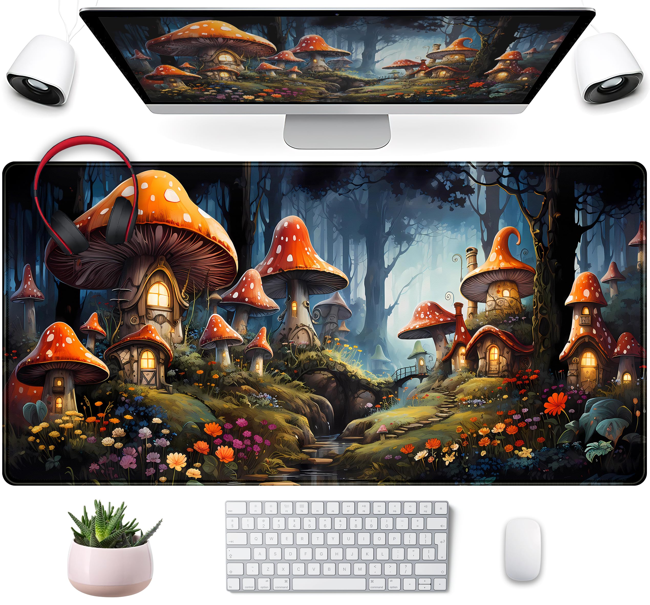 Cute Anime Mushroom Desk Pad Floral Desk Mat, Xxl Large Extended Mousepad Gaming Mouse Pad Computer Mat With Stitched Edges, Fan