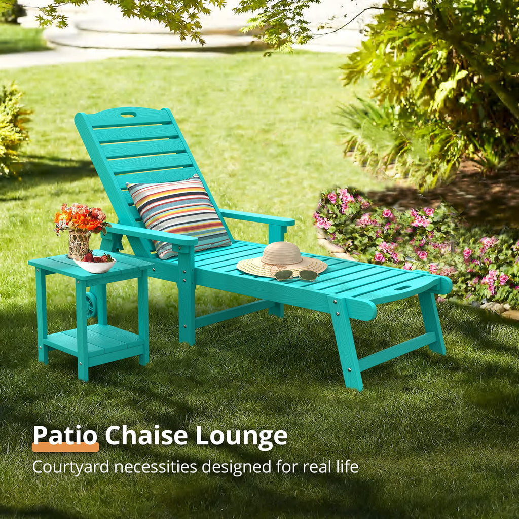 Lue Bona Outdoor Chaise Lounge Chairs Set Of 4, Hdps Material, 3-Year Warranty, Patio Lounge Chair With Adjustable Backrest, Resin Pool Lounge Chairs With Wheels For Outside, Poolside, Aruba Blue