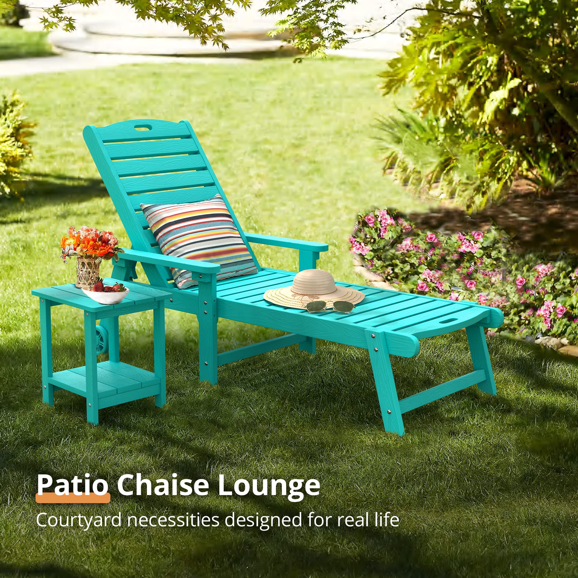 Lue Bona Outdoor Chaise Lounge Chairs Set Of 4, Hdps Material, 3-Year Warranty, Patio Lounge Chair With Adjustable Backrest, Resin Pool Lounge Chairs With Wheels For Outside, Poolside, Aruba Blue