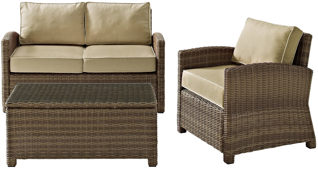 Crosley Furniture Bradenton 3-Piece Outdoor Loveseat Patio Furniture Set, Wicker Conversation Sets for Porch, Brown with Sand Cushions
