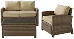 Crosley Furniture Bradenton 3-Piece Outdoor Loveseat Patio Furniture Set, Wicker Conversation Sets for Porch, Brown with Sand Cushions