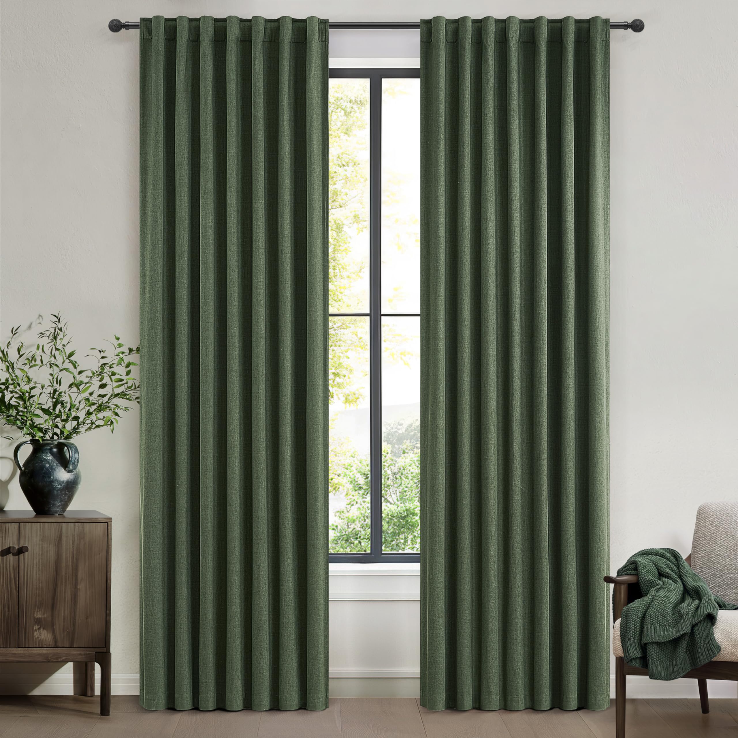 QJmydeco Dark Green Curtains 86 Inches Long, Blackout Spring Curtains for Living Room Cooling Heat Reflective Linen Look Vintage