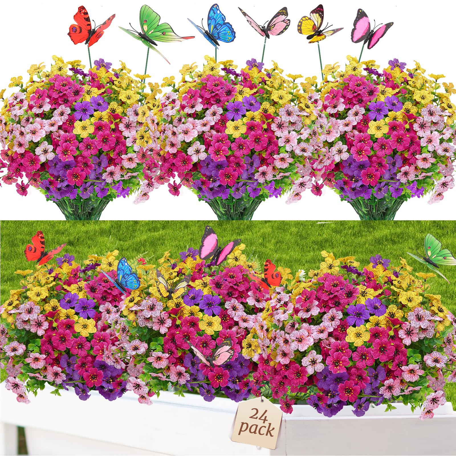 Yastouay 24 Bundles Artificial Flowers for Outdoors, UV Resistant Fake Outdoor Flowers No Fade Faux Outdoor Flowers Plants for G