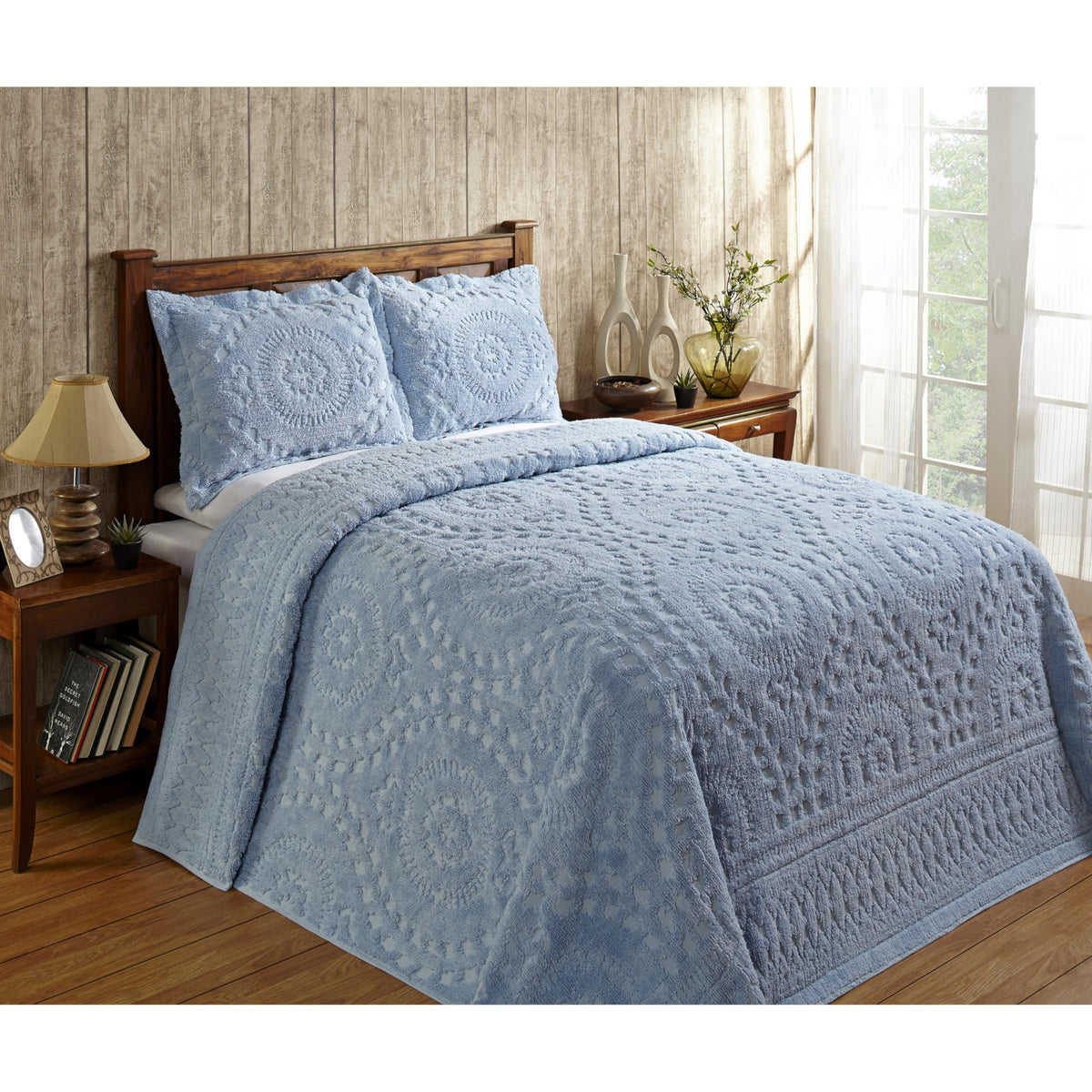 Better Trends Twin Size Bedspread 100% Cotton Chenille Tufted Coverlet Bedspreads, 81' X 110' Blue Medallion Design, Soft Lightweight All Season, Bedding