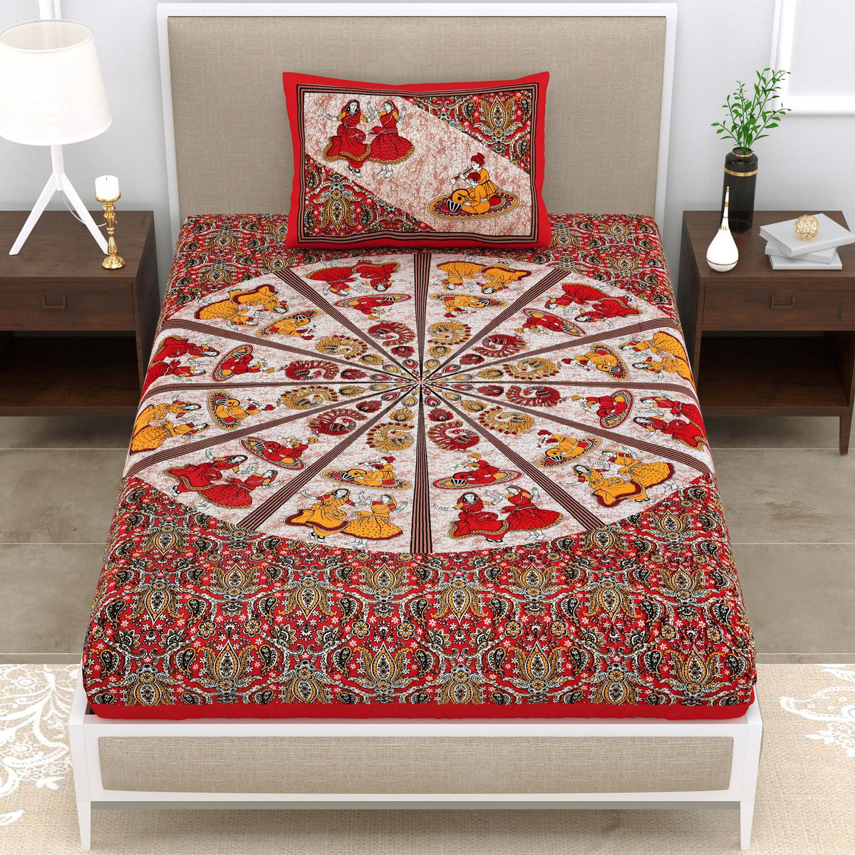 KOUNDAL Rajasthani Jaipuri Traditional Sanganeri Dancing Girl Print 144 TC 100% Cotton Single Size Bedsheet with one Pillow Cove