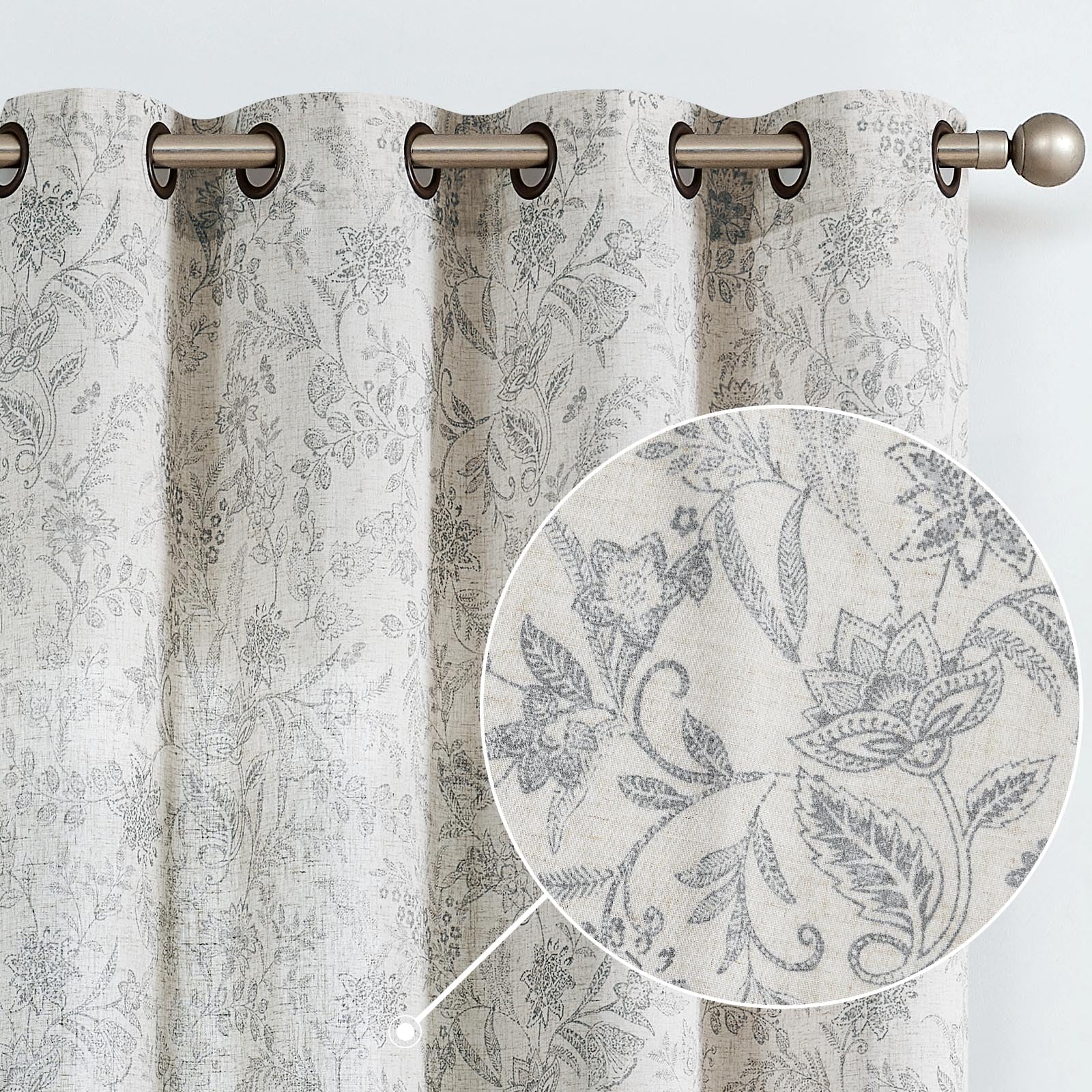 Lazzzy Grey Floral Linen Farmhouse Curtains For Living Room 63 Inch Length Window Curtains Semi Sheer Drapes For Bedroom Country
