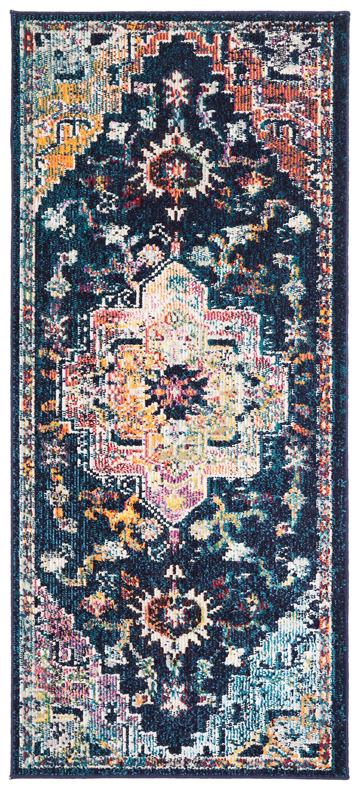 SAFAVIEH Crystal Collection Accent Rug - 22 x 5, Navy & Fuchsia, Distressed Design, Non-Shedding & Easy Care, Ideal for High T
