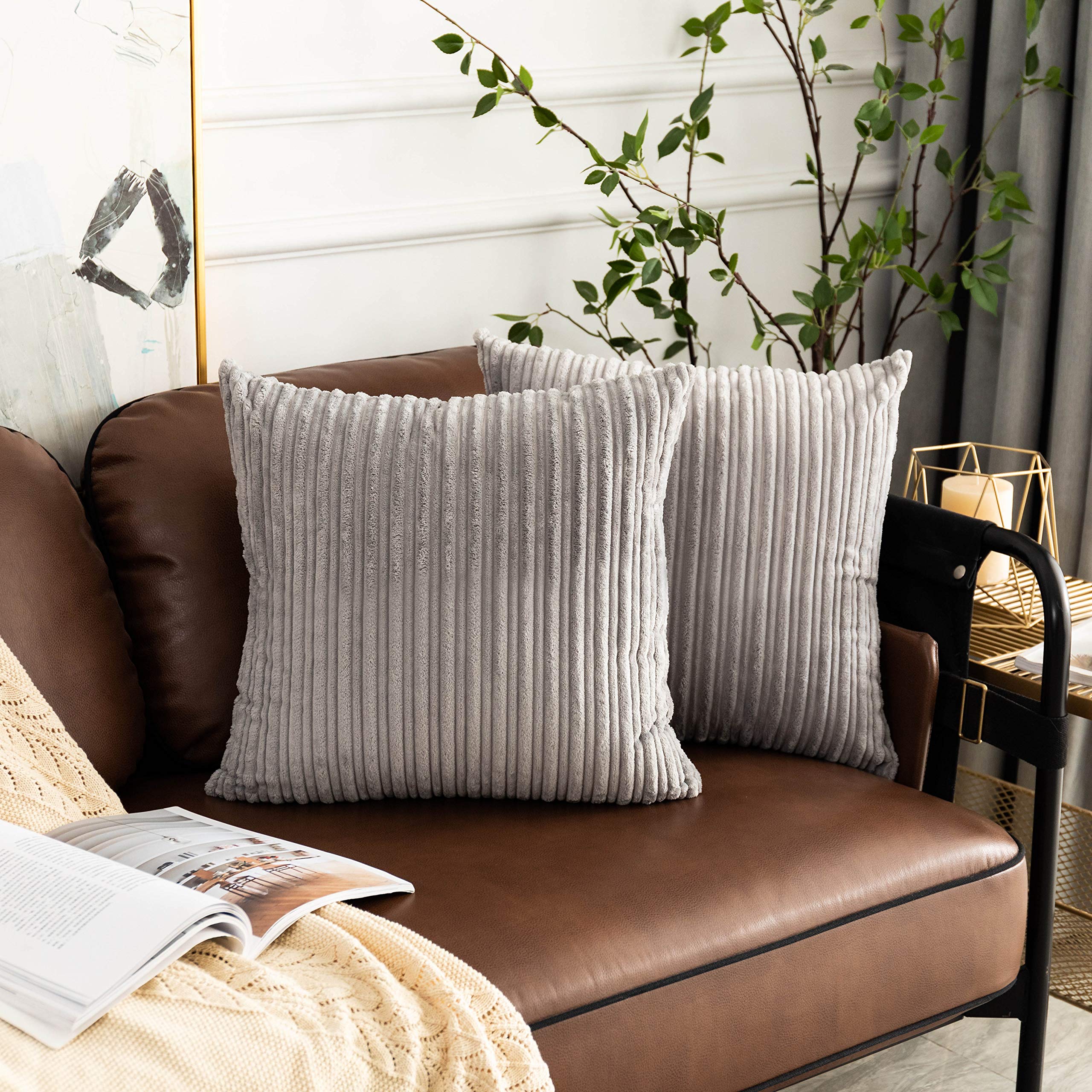 Ugasa Super Soft Plush Corduroy Pillow Covers Solid Textured Large Throw Euro Pillow Sham Cushion Cover For Couch Floor, 2 Pcs,