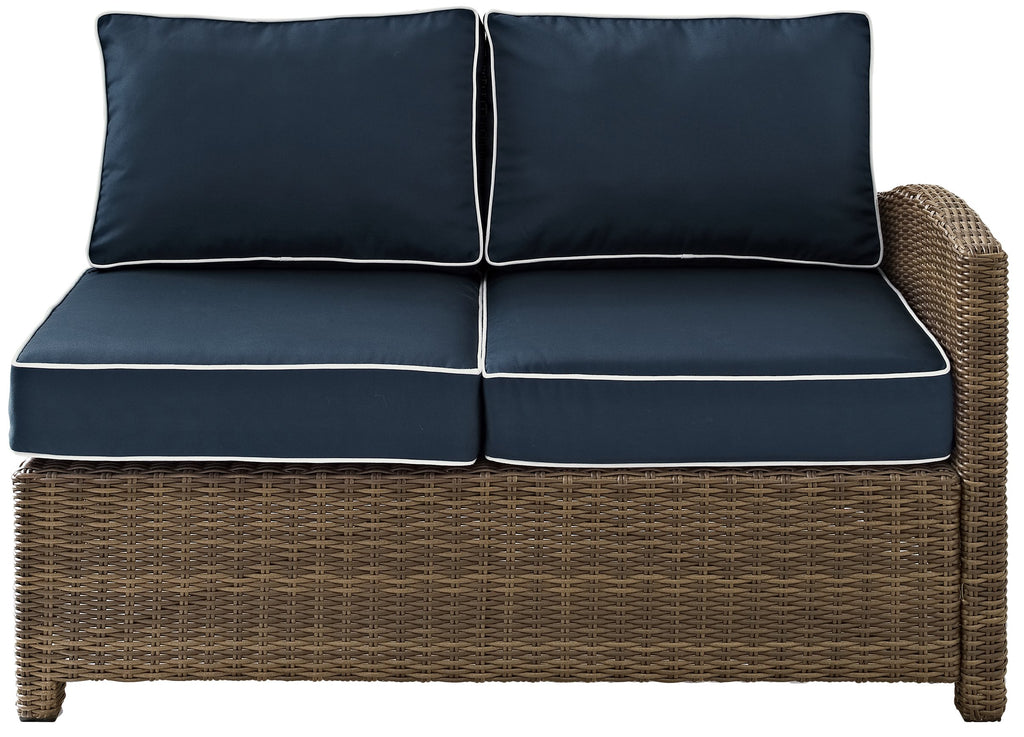 Crosley Furniture Bradenton Outdoor Sectional Right Side Loveseat, 2-Person Wicker Patio Couch for Deck, Brown with Navy Cushions