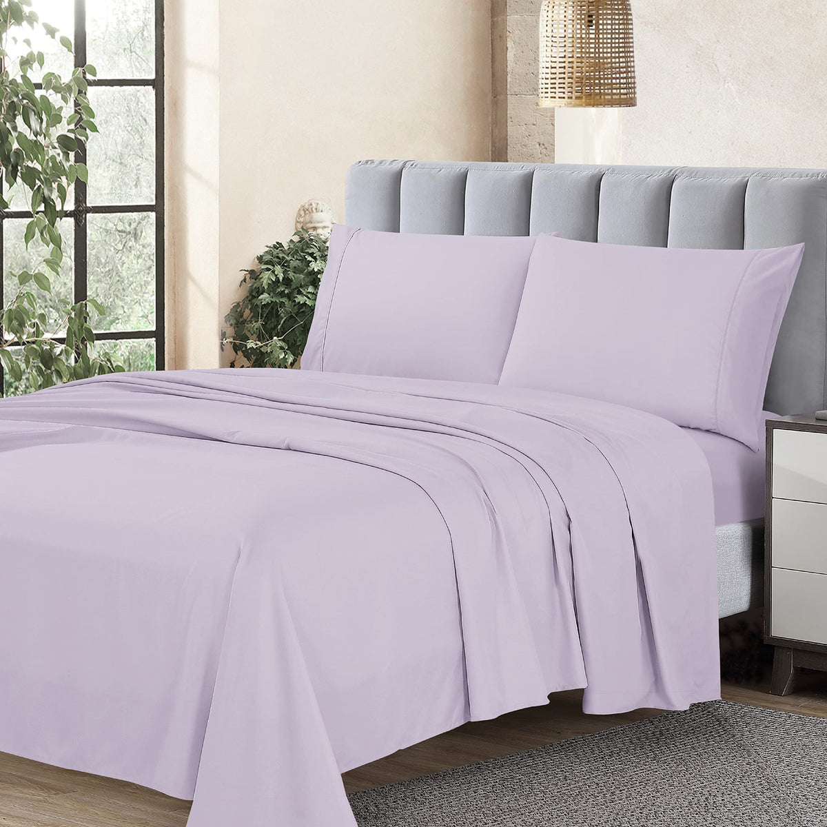 Cathay Home Essentials Ultra Soft Hypoallergenic Wrinkle Resistant Double Brushed Microfiber Bedding Sheet Set, Lavender, Full