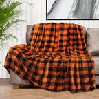 Pavilia Black And Orange Buffalo Plaid Fleece Throw Blanket For Couch, Soft Halloween Flannel Blanket For Sofa, Orange Checkered