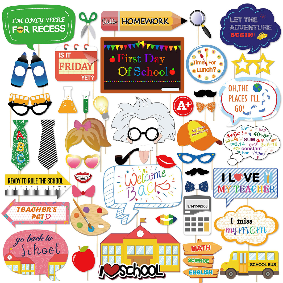 Konsait 46Count Back to School Photo Booth Props, First Day of School Welcome Decorations,Apple Pencil Stationery Chalkboard Dec