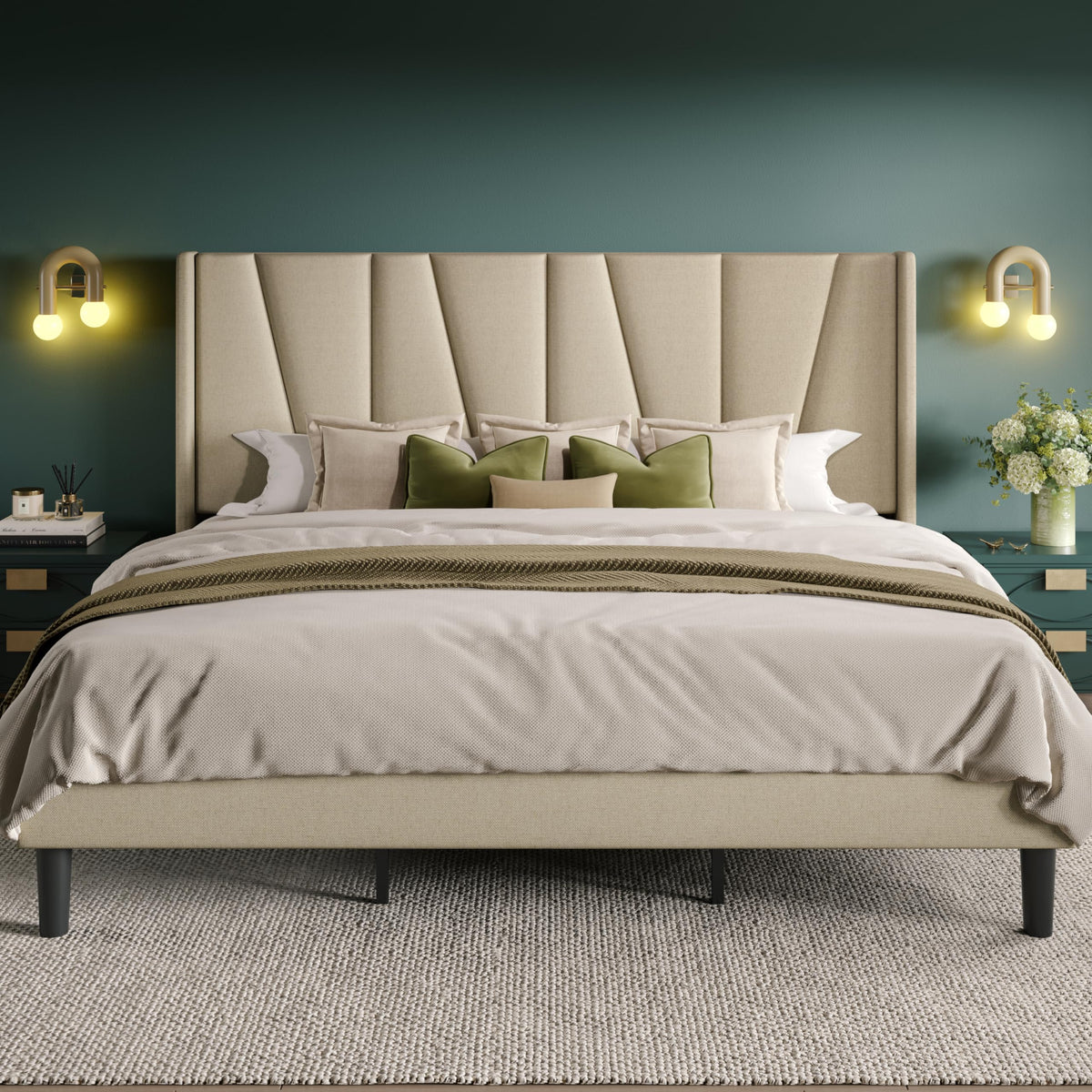 Allewie King Size Platform Bed Frame with Geometric Wingback Headboard, Modern Upholstered Bed with Wooden Slats Support, No Box