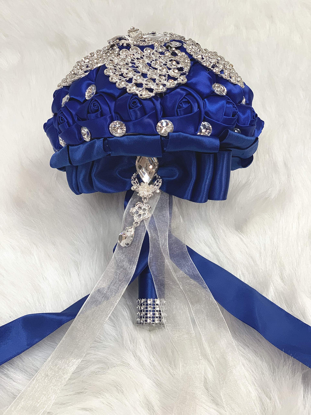 Abbie Home Sparkle Rhinestone Jewelry Bouquet - Satin Rose With Peacock Butterfly Brooches Bride Bridesmaids Wedding Flower (Roy