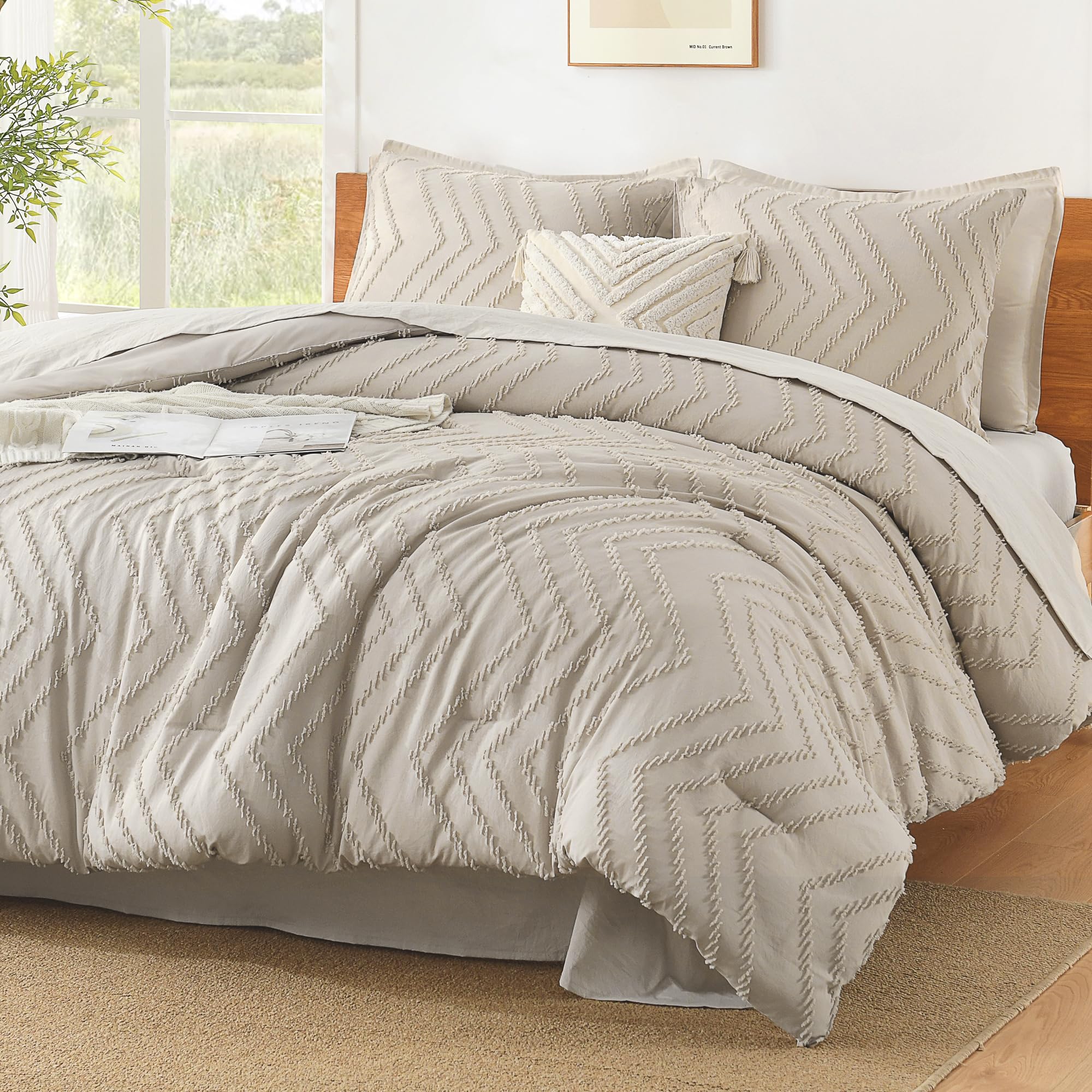 Litanika Tannish Grey California King Comforter Set, 3 Pieces Cal King Oversized Chevron Tufted Boho Bedding Comforter Sets, Flu